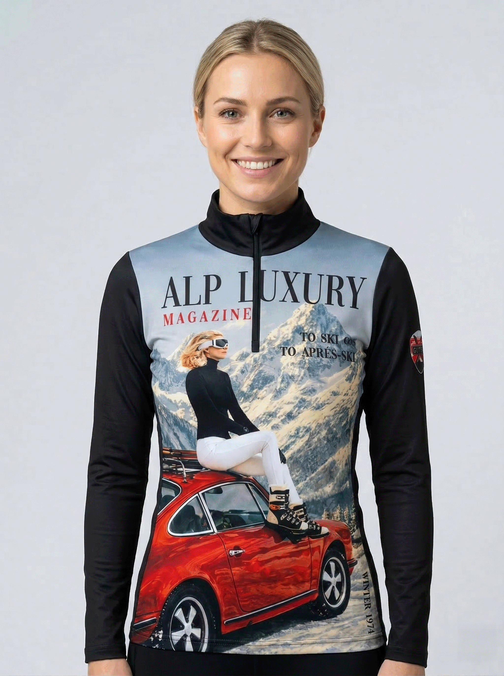 Gutski Alp Luxury vintage skipully dames met magazine cover print en rode sportwagen