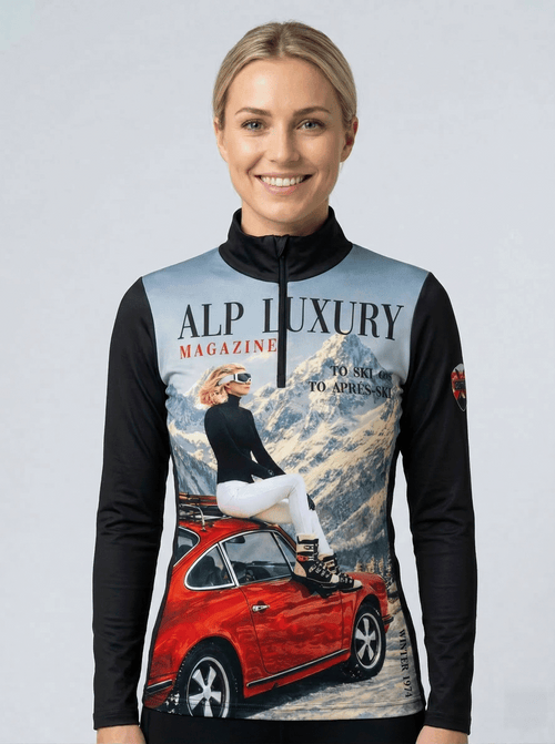 Gutski Alp Luxury vintage skipully dames met magazine cover print en rode sportwagen