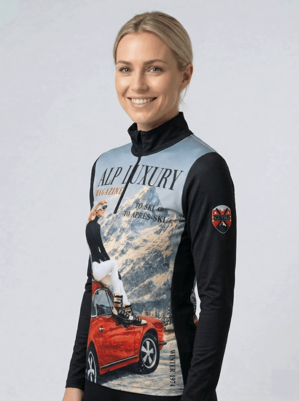 Zwarte dames skipully met halve rits en retro jaren 70 Alp Luxury magazine design van Gutski