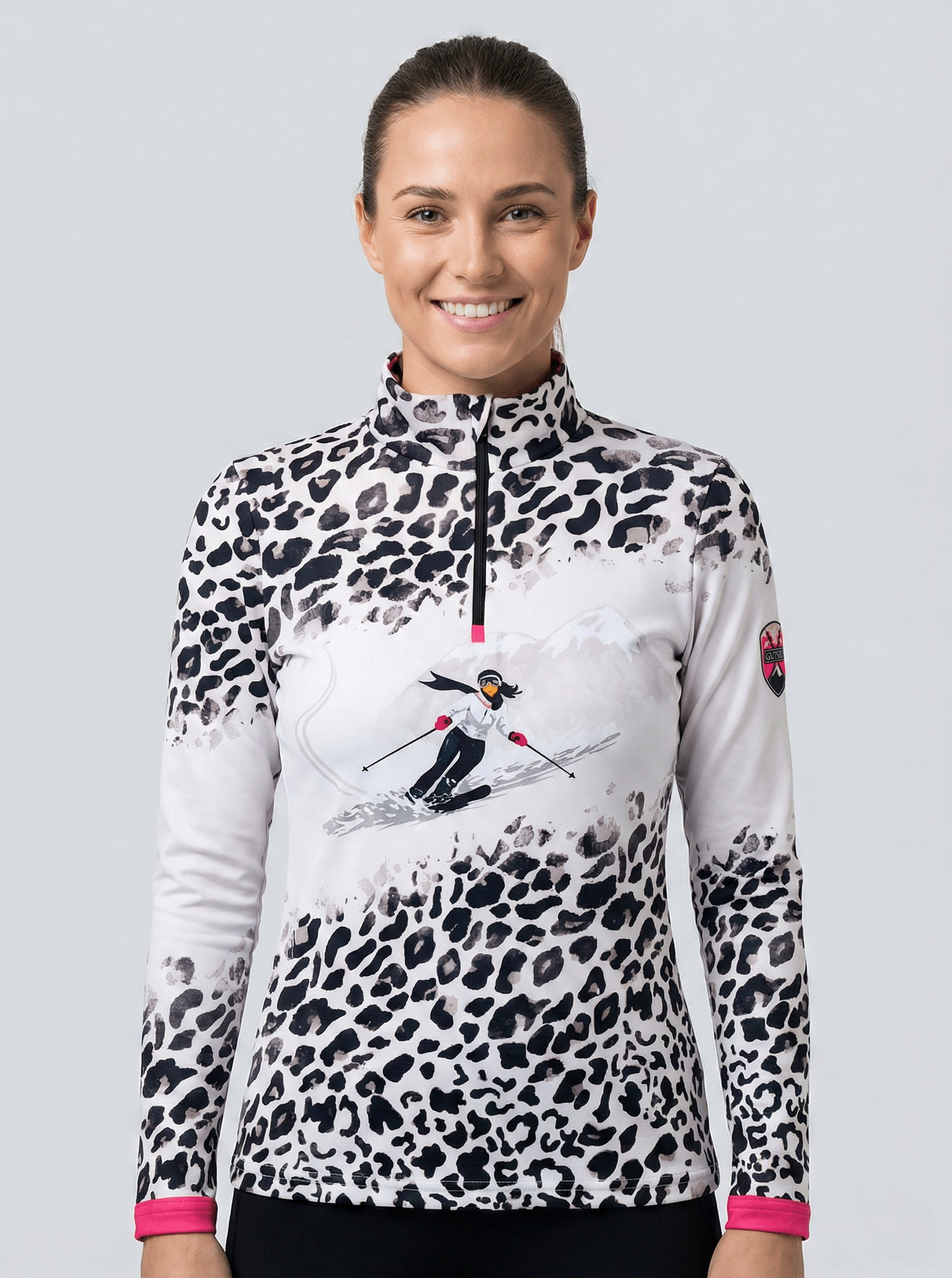 Gutski dames skipully wit met panterprint en skiër illustratie voorkant.
