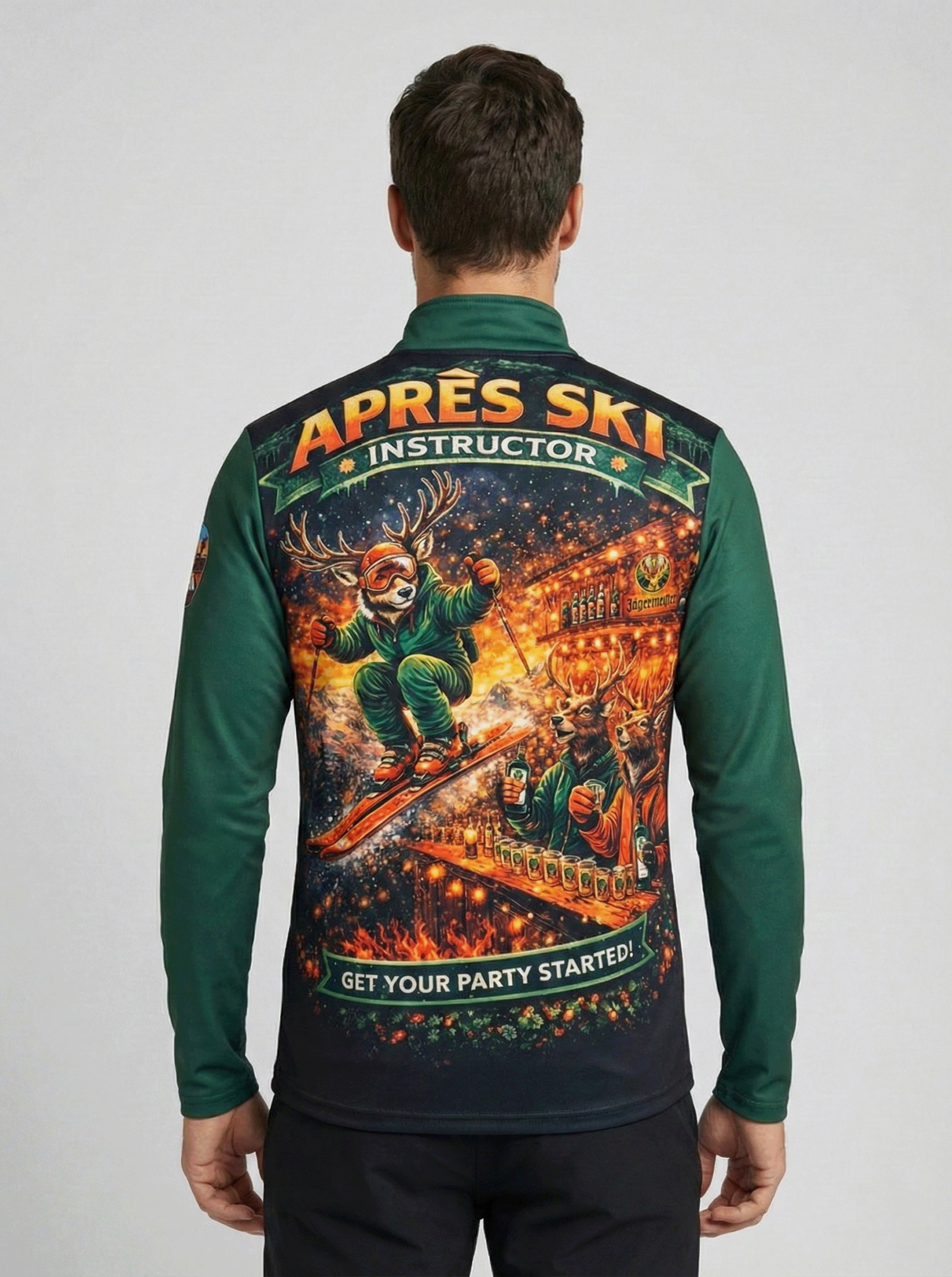 Achterkant van de Gutski Après Ski Instructor skipully met een grote, kleurrijke print van een skiënd hert over een après-ski bar met de tekst Get Your Party Started.