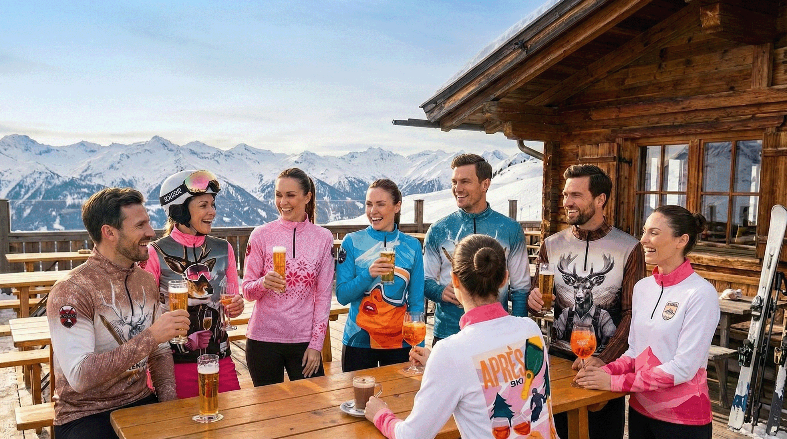 Mannen en vrouwen die aan een apres ski tafel staan met allemaal verschillende skipullies aan van de Gutski collectie en een drankje in hun handen