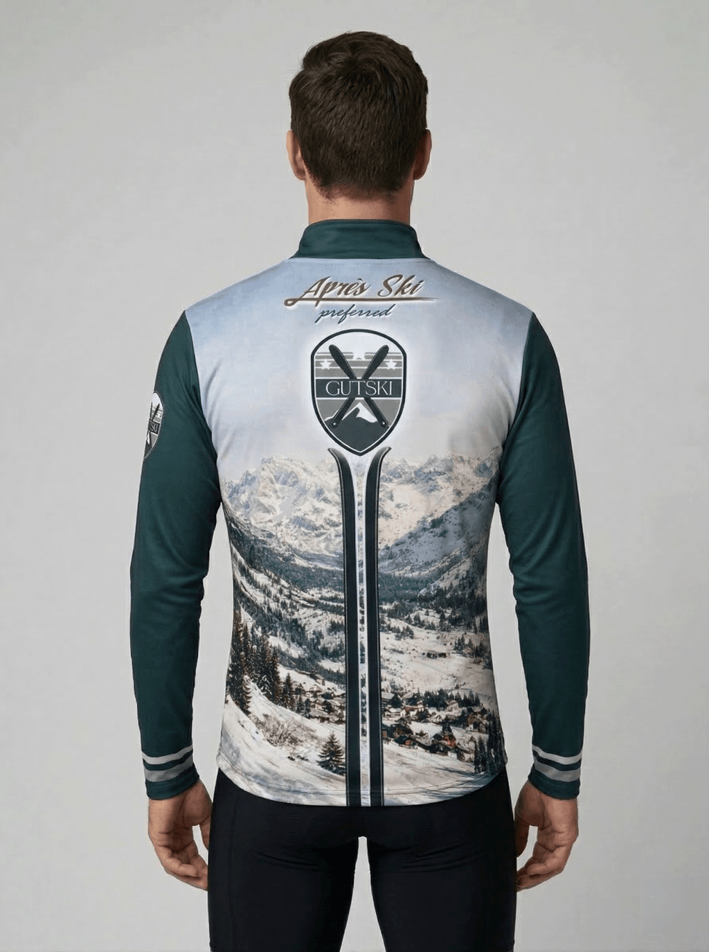 Gutski Champagne Service vintage skipully heren achteraanzicht met berglandschap en tekst Après Ski preferred