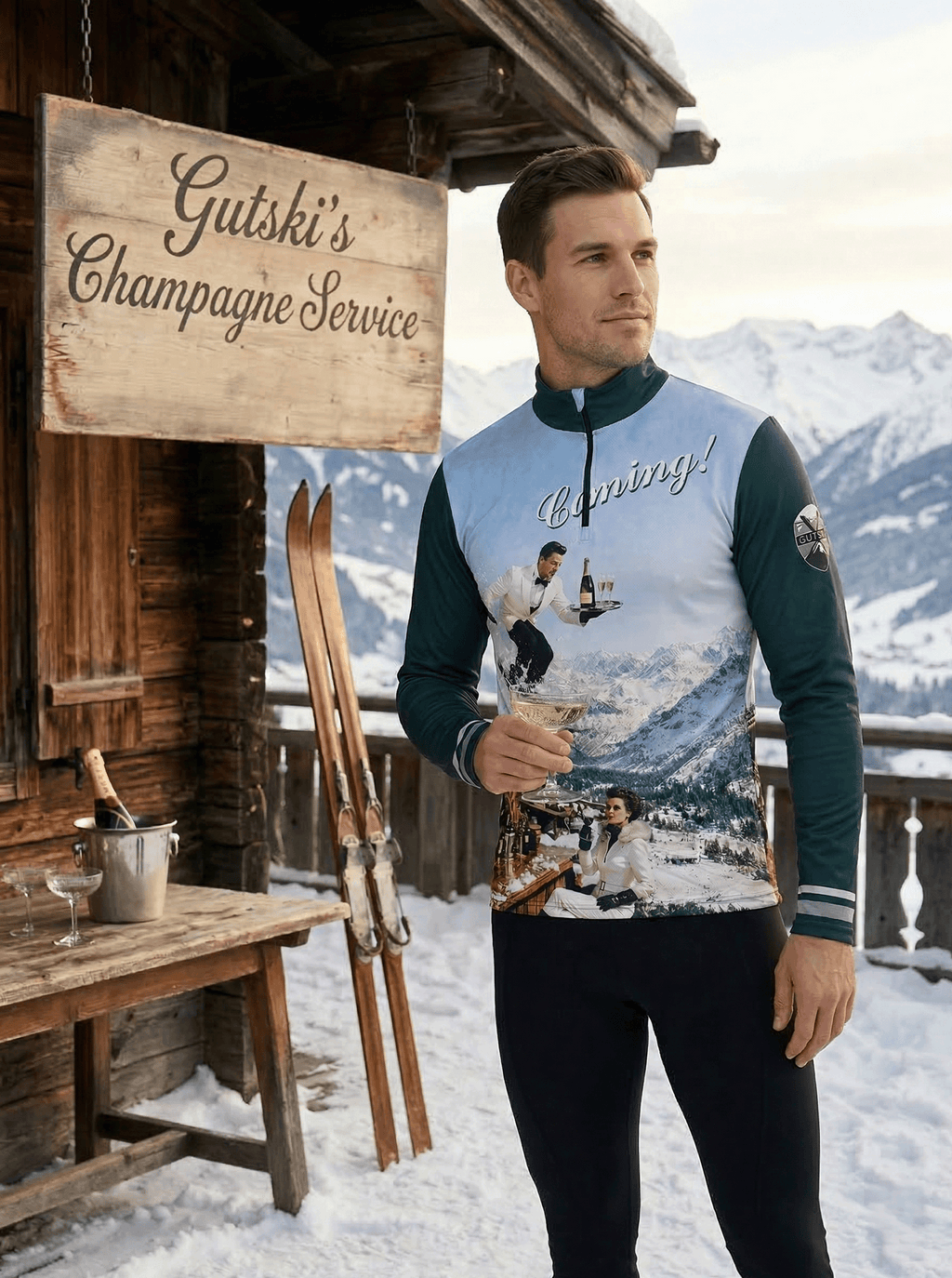 Model met champagneglas op berghut terras voor bord "Gutski's Champagne Service"