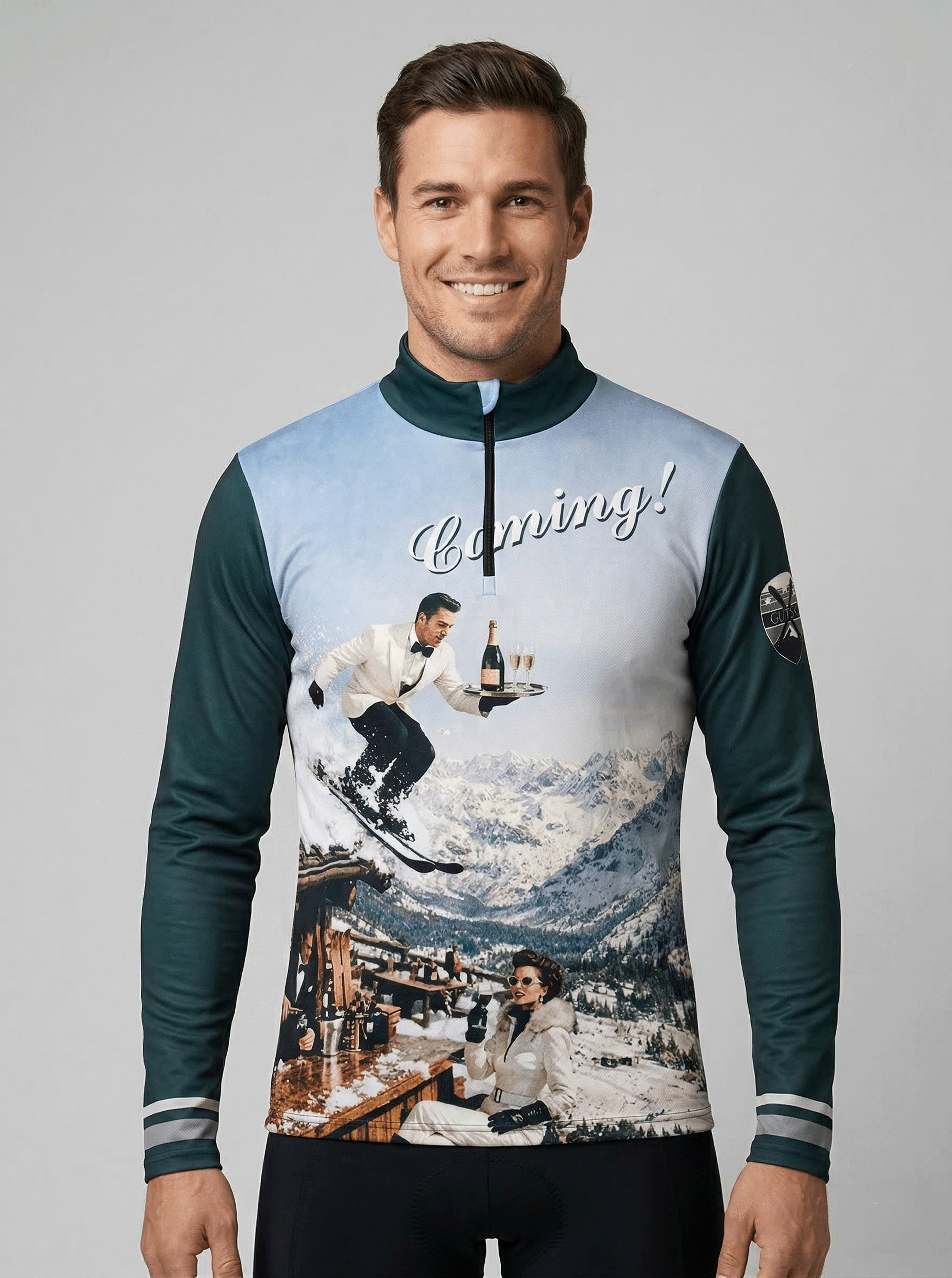 Gutski Champagne Service vintage skipully heren vooraanzicht met ski-ober en tekst Coming!