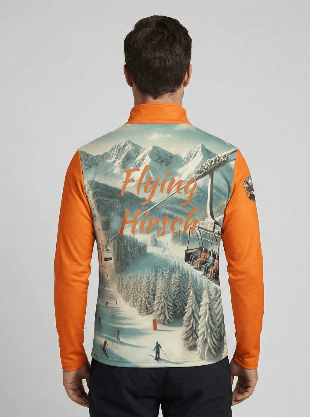 Achteraanzicht van de Flying Hirsch skipully met oranje mouw