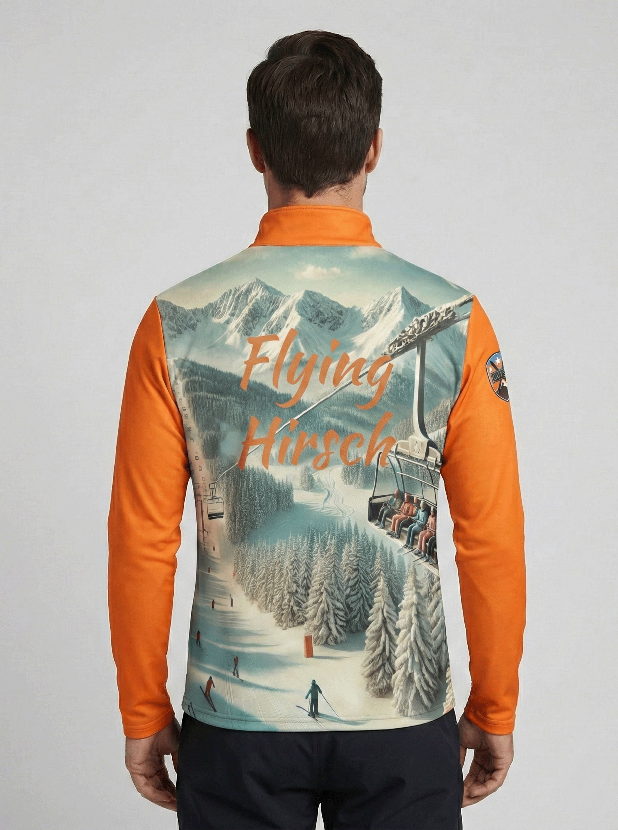 Achteraanzicht van de Flying Hirsch skipully met oranje mouw