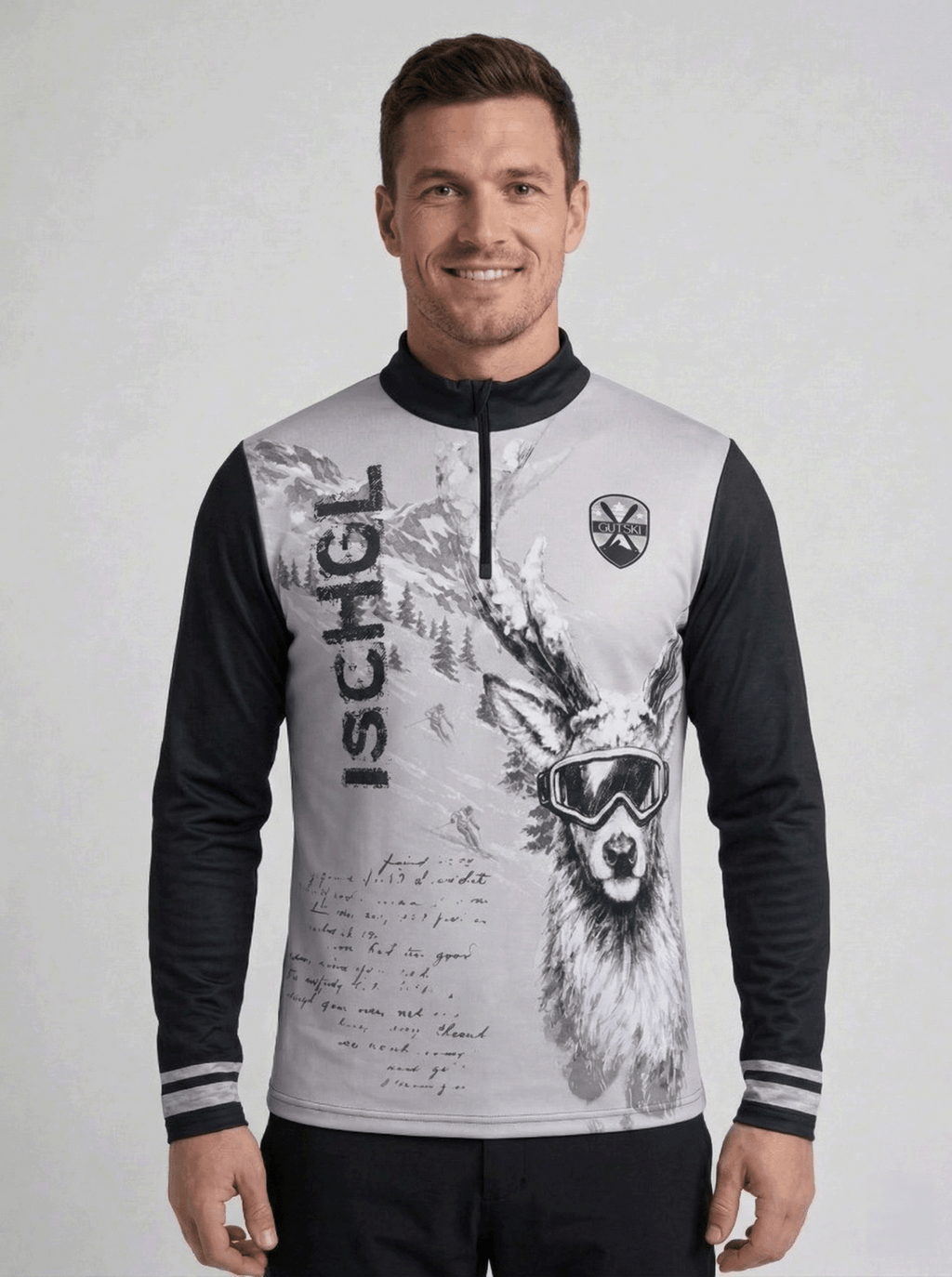Gutski Ischgl Grey heren skipully voorkant met grijze romp, zwarte mouwen en grote Ischgl tekst naast een print van een hert met skibril.