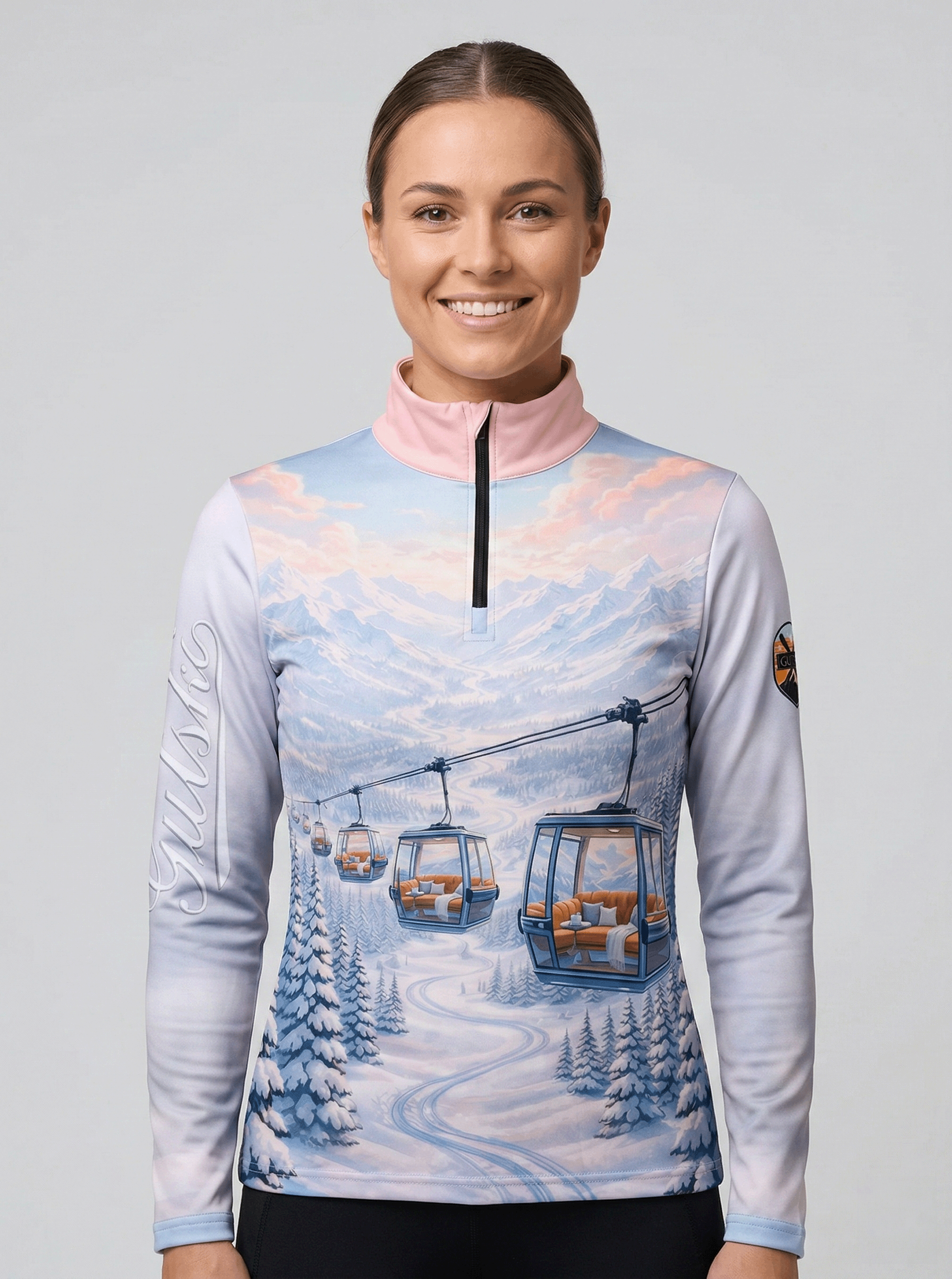Gutski dames skipully Luxury Lift voorkant met print van skiliften en besneeuwde bergen
