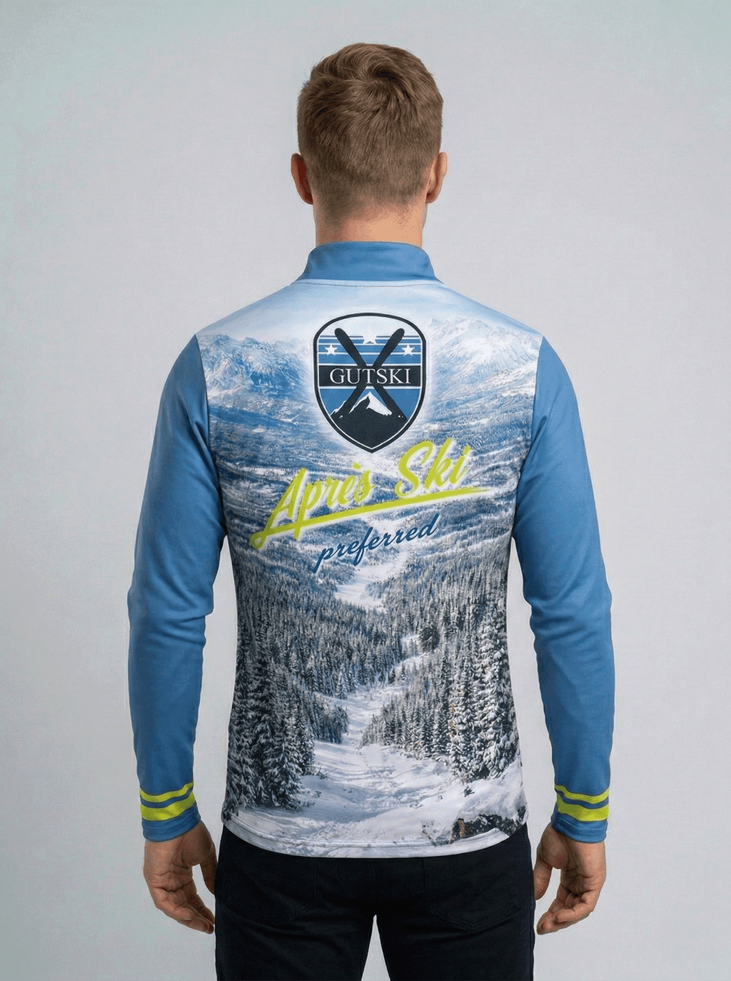 Achterkant Gutski skipully Masshirsch met berglandschap, Gutski logo en Après-Ski Preferred tekst.