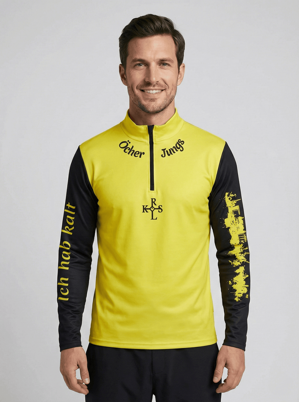 Vooraanzicht van de Ocher Jungs skipully voor heren met geel en zwarte kleuren