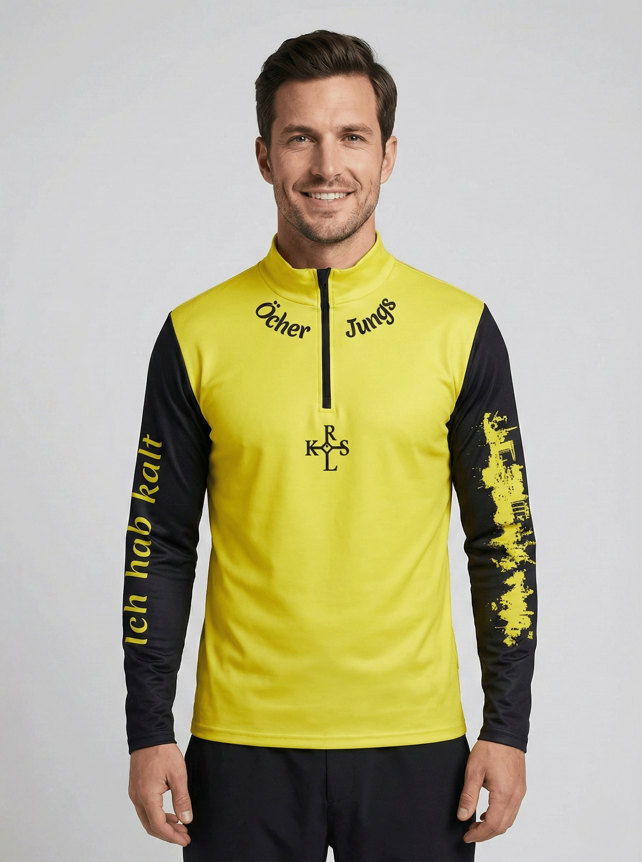 Vooraanzicht van de Ocher Jungs skipully voor heren met geel en zwarte kleuren