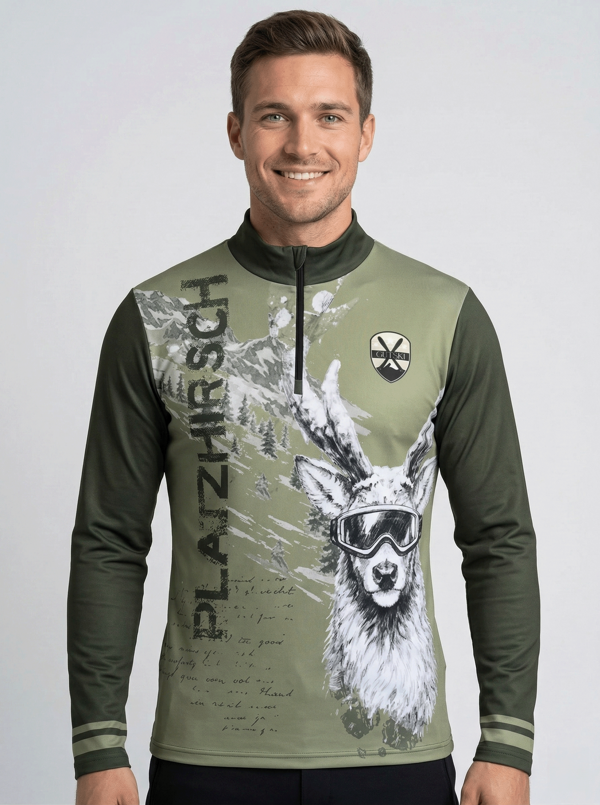 Gutski Platzhirsch Green heren skipully voorkant met hert en skibril print in olijfgroen.