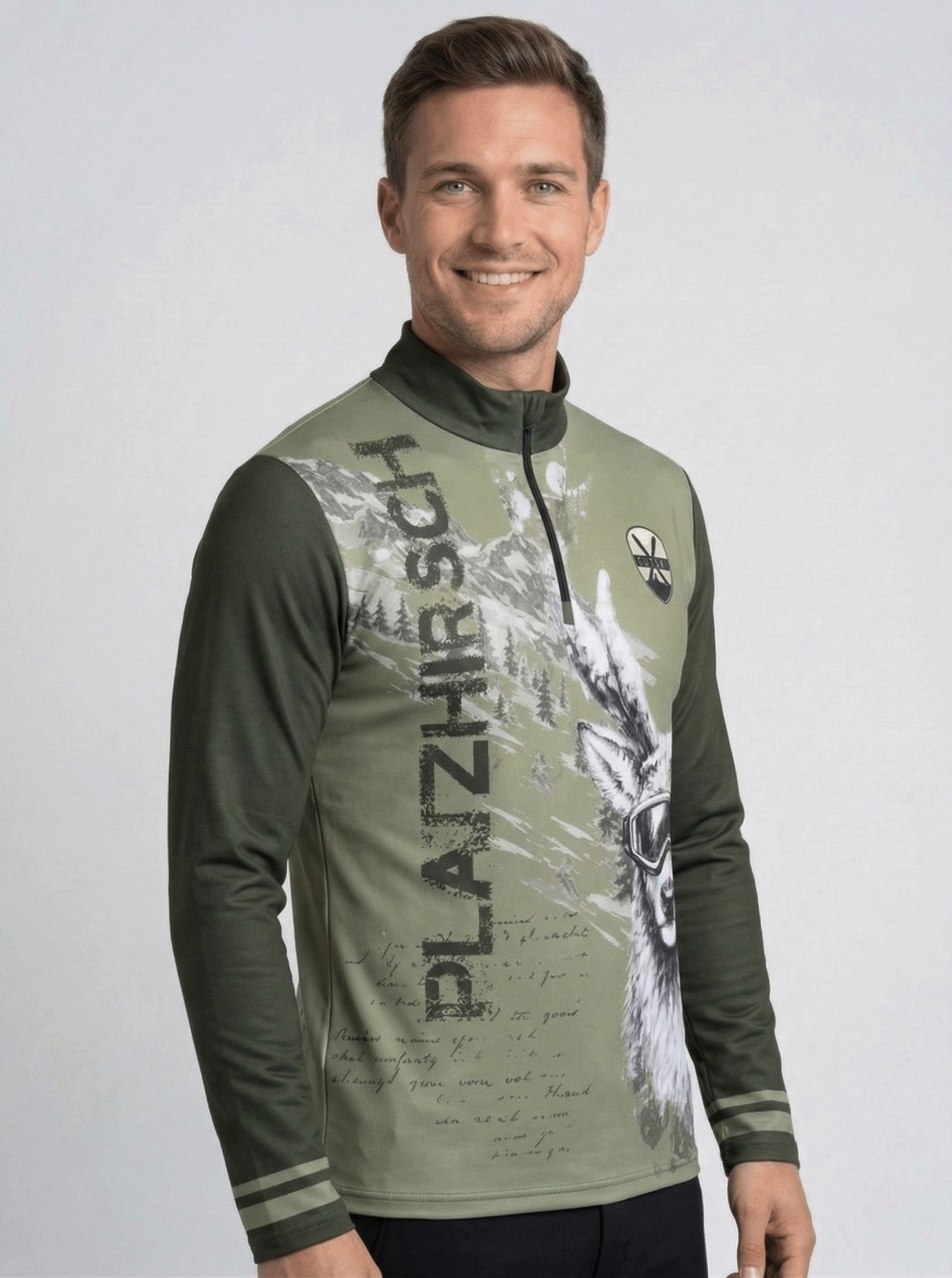 Zijaanzicht van de nauwsluitende groene Gutski Platzhirsch pulli met stretch materiaal.
