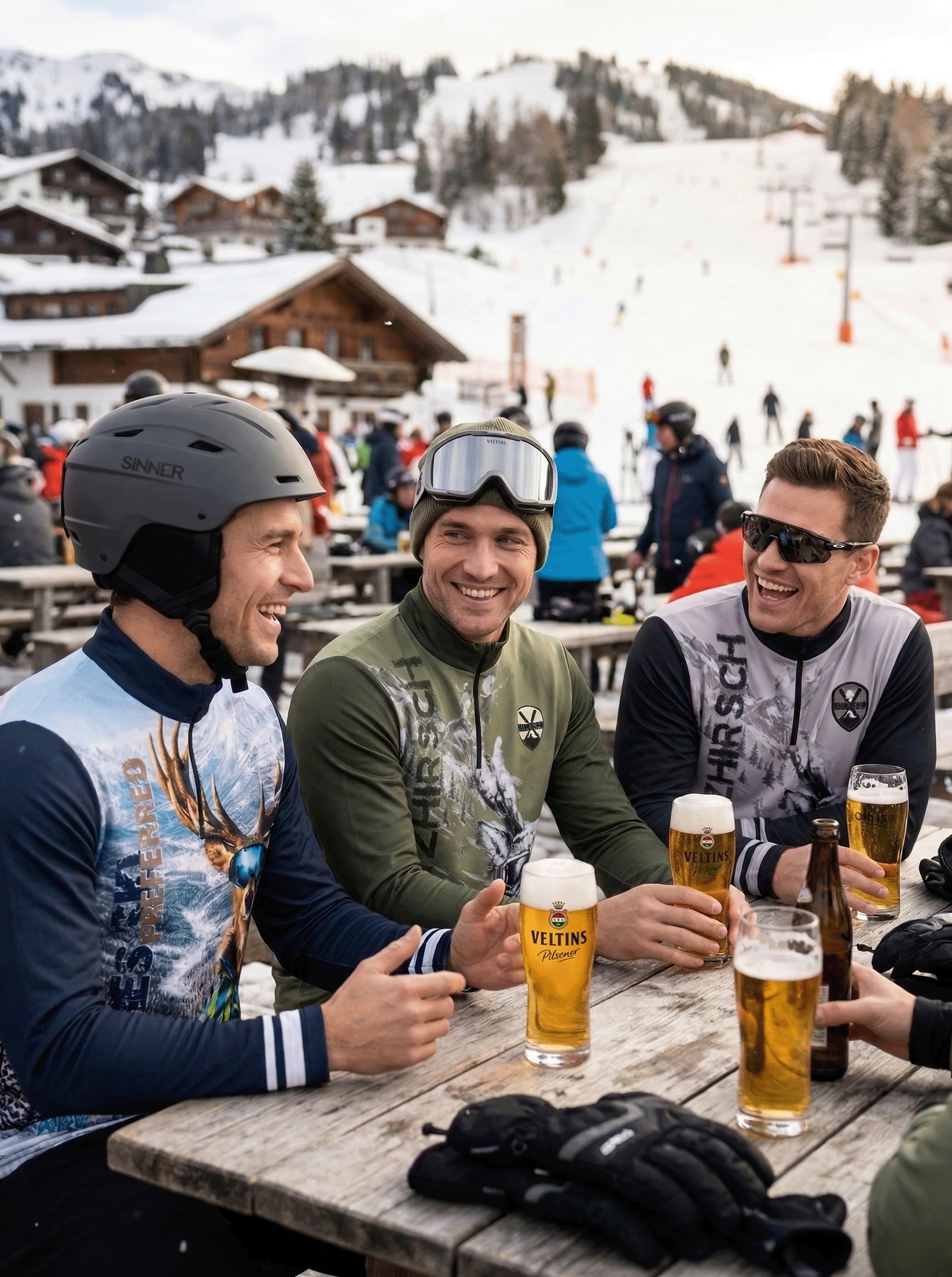 Drie vrienden in Gutski skipullies drinken bier op een zonnig terras bij een skihut in de bergen.