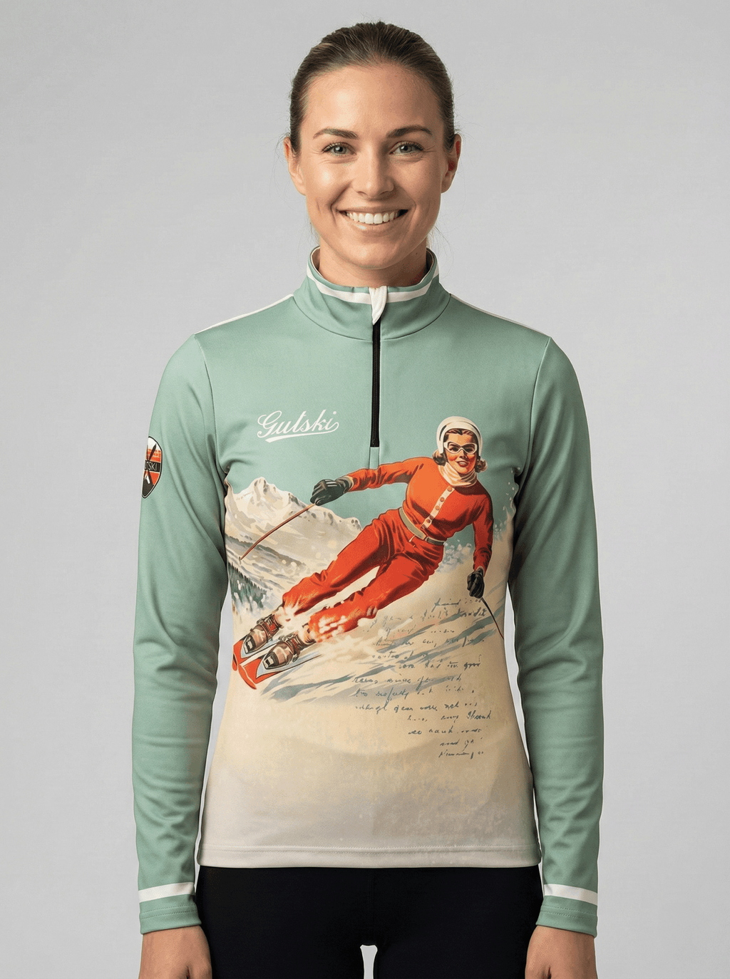 Gutski dames skipully vintage print ski lady groen voorkant