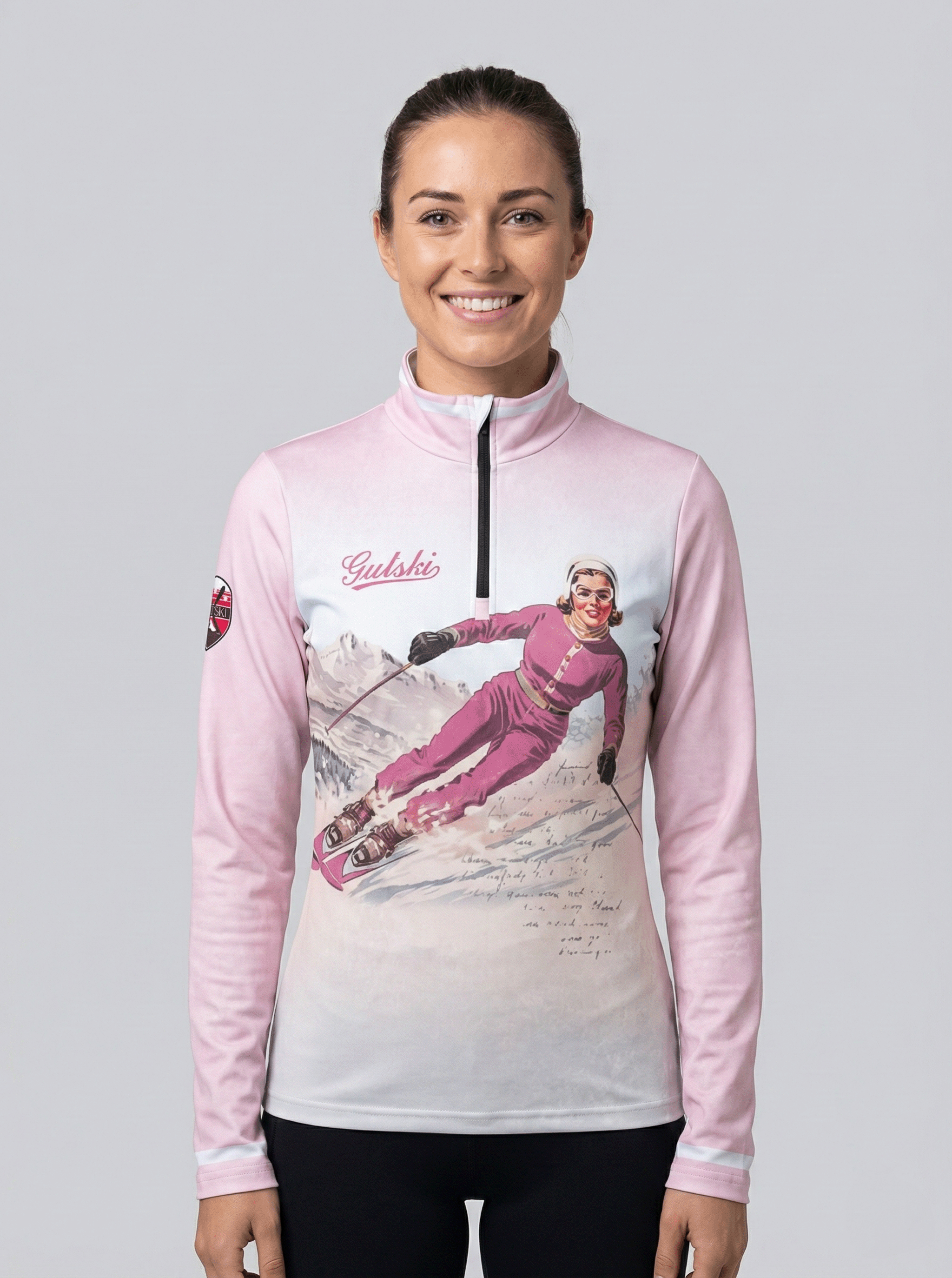 Gutski dames skipully roze vintage print ski lady voorkant