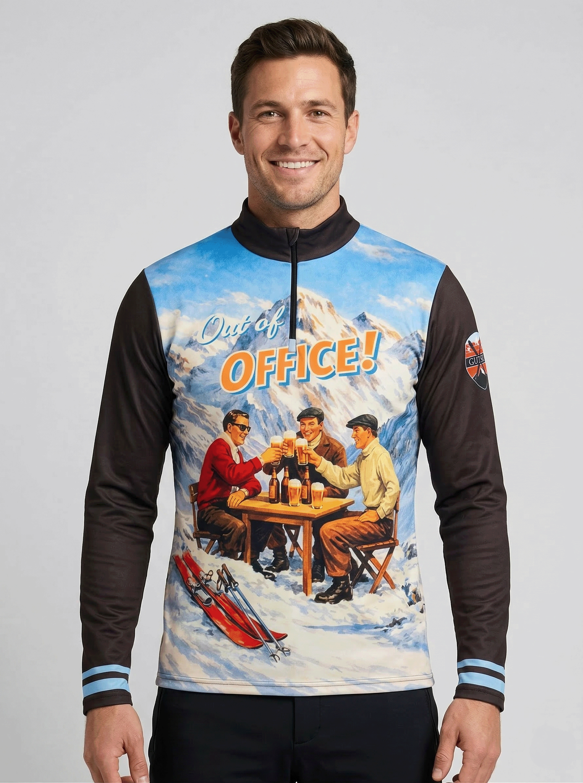 Detail van de vintage bier-toost-print op de Gutski Out of Office skipully