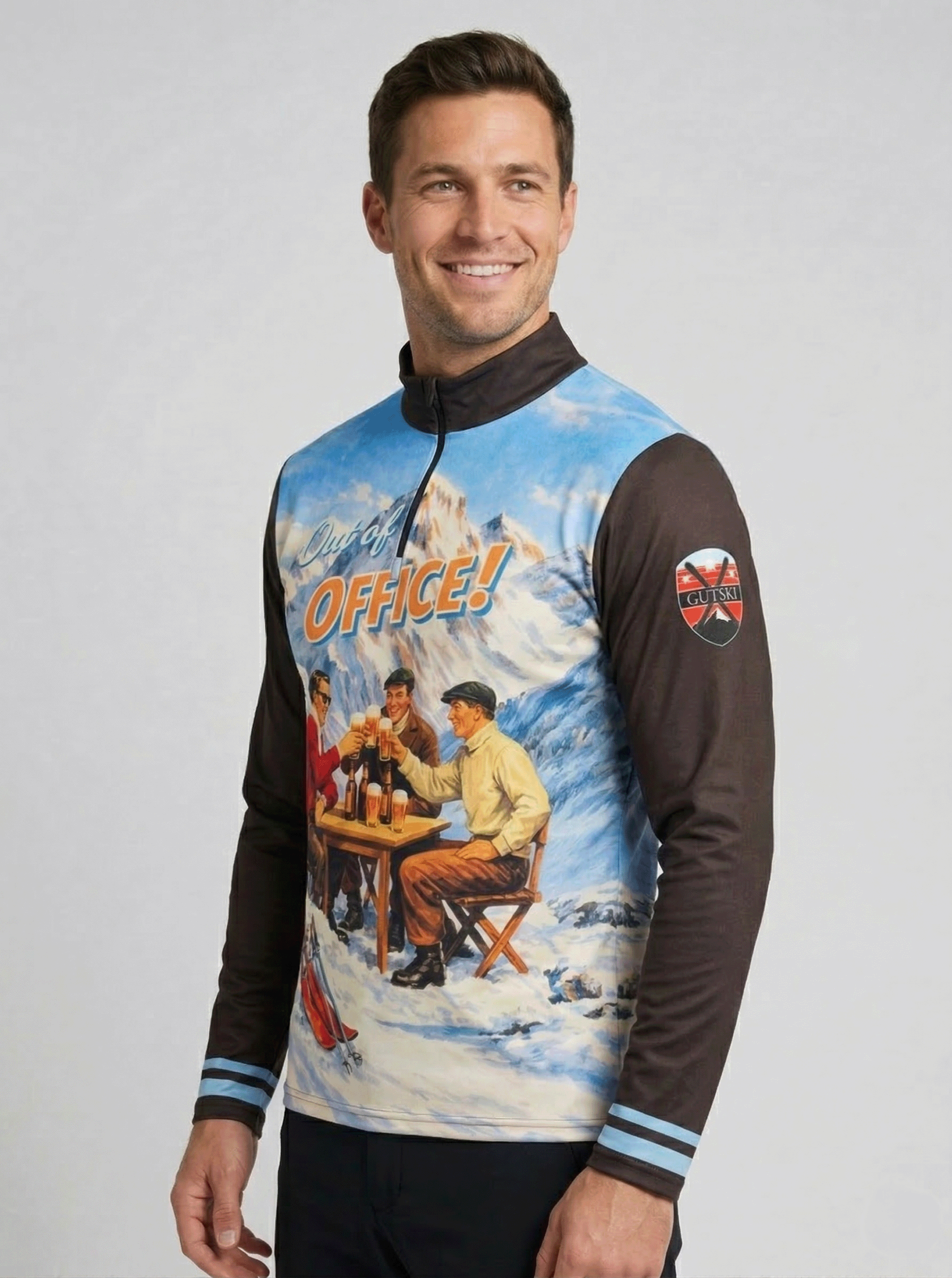 Gutski vintage skipully heren met bier-proost-print en tekst "Out of Office!" frontaal